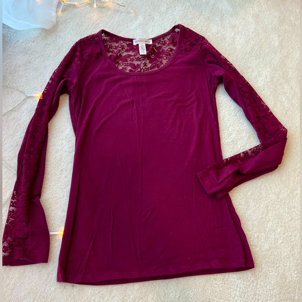Dark Burgundy Long Sleeves Mesh Top